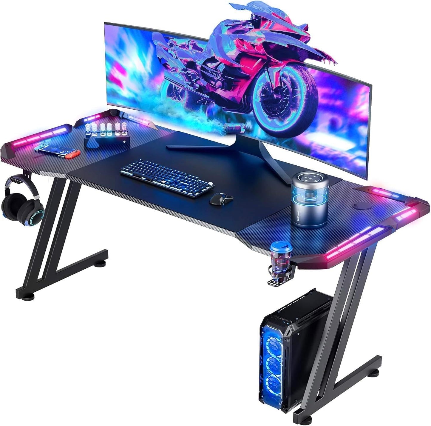 HLDIRECT 47 Inch Gaming Desk with LED Lights, Large RGB Computer Gaming Desk Table with Cup Holder Headphone Hook Mouse Pad, Ergonomic Modern Carbon Fiber Mesa Gamer Pc Work Home Office Desks, Black