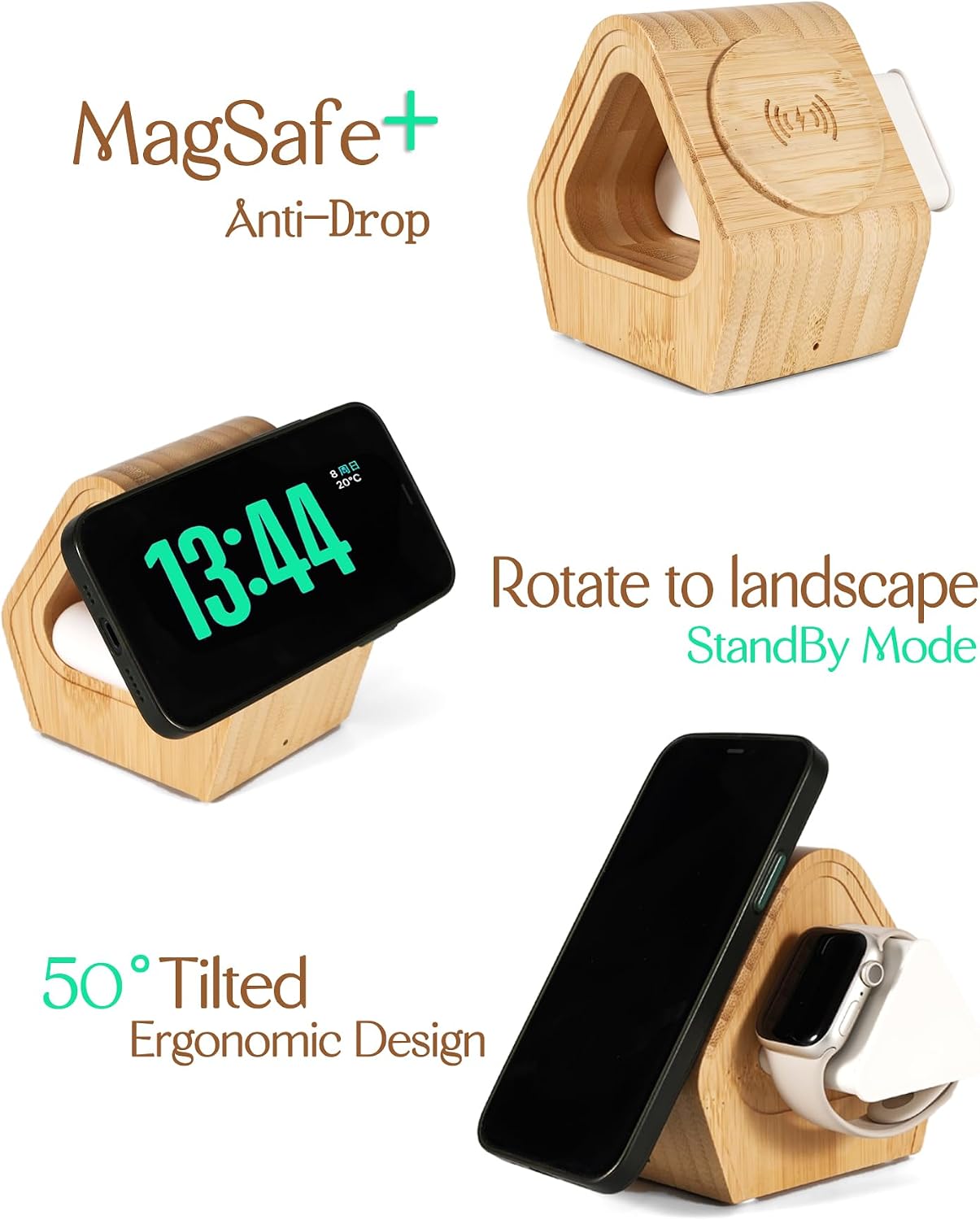 Bamboo Wireless Charger for Apple|3-in-1 Charger Stand|Cabin Style | Fast-Charging Station for MagSafe iPhone 17 16 15 14 13 12 Series, Watch 11-2, SE, Ultra& AirPods 4-2|Pro(20W Adapter)Natural