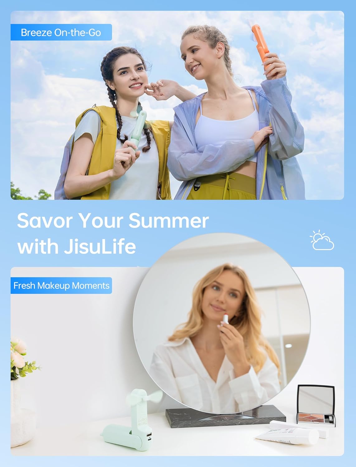 JISULIFE 3 IN 1 Handheld Mini Fan - Portable Fan & Power Bank & Flashlight, 19H Max Cooling, USB Rechargeable, Pocket-Sized for Travel, Cruise, Concerts, Makeup, 2026 Summer Gifts for Women(Green)
