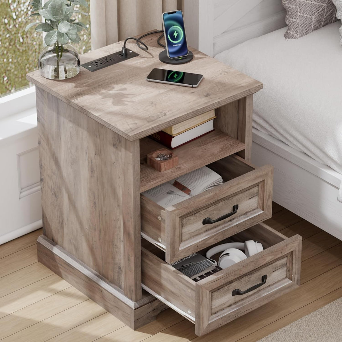 HOMMPA Farmhouse Nightstand w/Charging Station, Open Shelf 23.6''H Greige