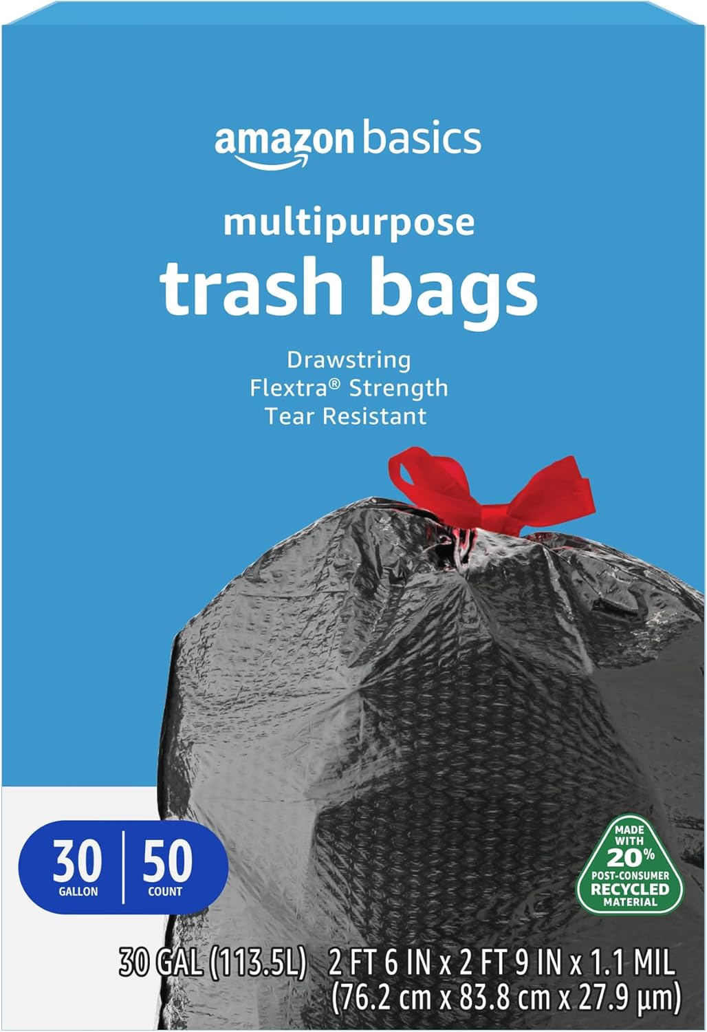 Amazon Basics 30 Gallon Flextra Strength Multipurpose Drawstring Trash Bags, 20% Post Consumer Recycled Material, Tear Resistant, Black, 50 Count