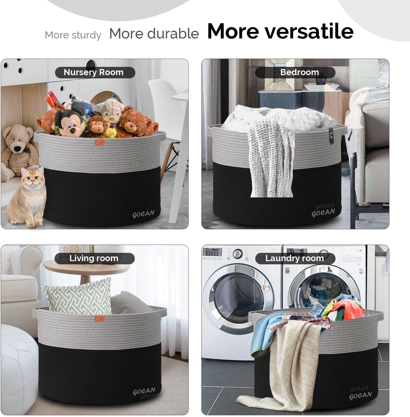 Cotton Rope Woven Laundry Basket 22"X 22"X 14" with handles(Black-Grey)XXXL | Hand-woven, ideal for storing blankets and cushions in the living room, and clothes for household storage.
