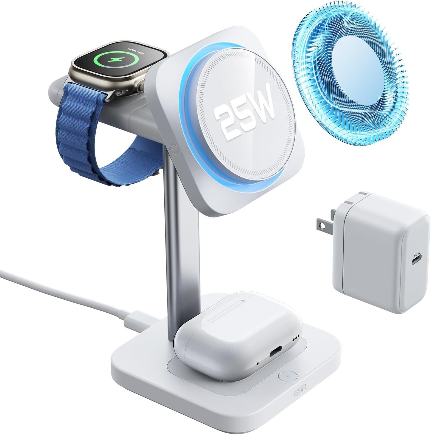 ESR 3 in 1 Charging Station, Qi2.2 Certified for iPhone 17/16 with iOS 26 | 25W MagSafe Charger Stand w/Cryoboost, Phone Cooling Wireless Charger, for AirPods & Apple Watch, Fast Charging Dock, White