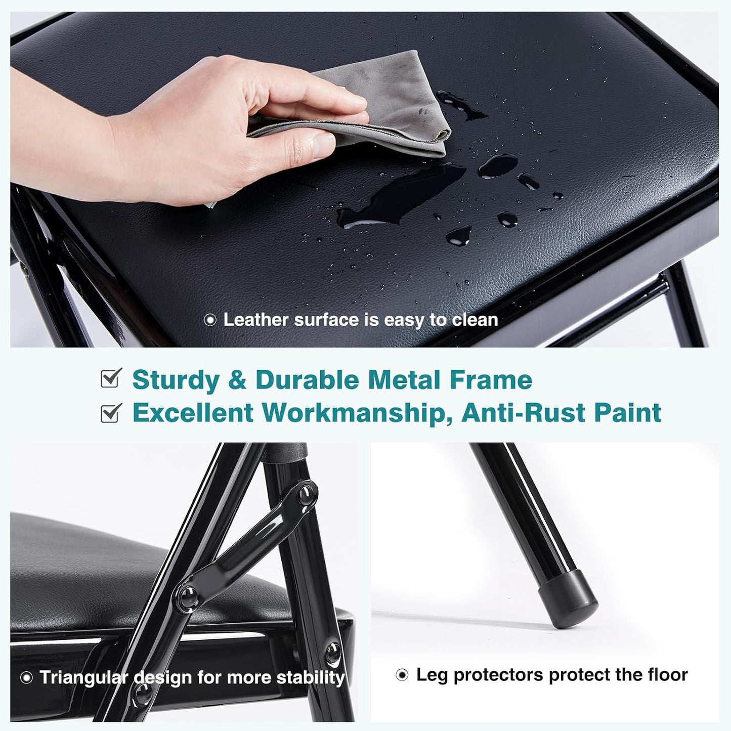 DUMOS 4 Pack PU Leather Padded Folding Chair, for Indoor and Outdoor Events, Portable Stackable Seat with Steel Frame, for Home, Office, Party, Dining, Black