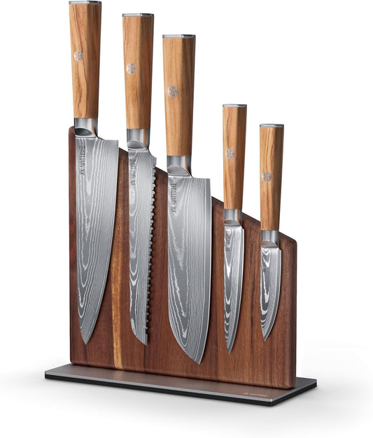 Yatoshi Knives Magnetic Kitchen Knife Block Set - Japanese 67 Layer High-Grade VG-10 Steel Knives, Sharp, Professional Kitchen Knife Set - Damascus (6 pieces), Olive Wood Handles