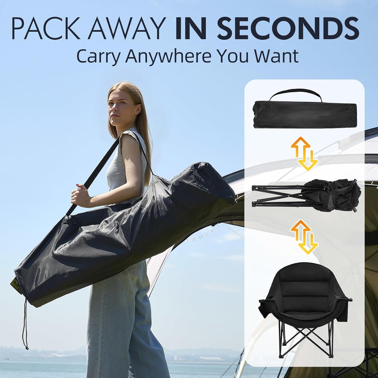 Oversized Camping Chairs for Adults - Heavy Duty Padded Outdoor Folding Lawn XL Camp Chair with Cup Holder Cooler Pockets for Outside Sports Beach Fishing Garden Portable Supports 500lbs, AllBlack