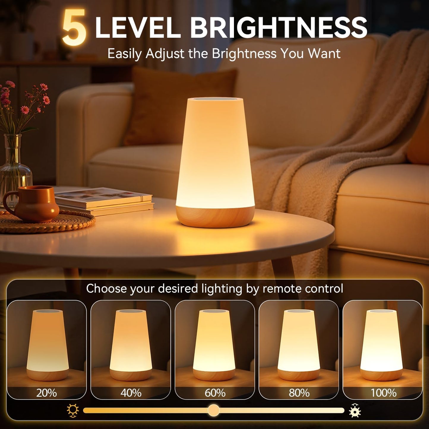 Auxmir Rechargeable LED Night Light, Touch & Remote Control Bedside Lamp with 13 Colors, 5 Brightness Levels, Portable Table Lamp for Kids Baby Nursery, Bedroom, Bathroom, Camping, Light Brown