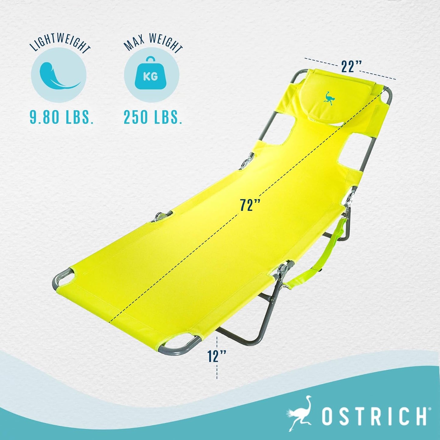 Ostrich the Original Chaise 72 x 22 Inch Lounge Portable Reclining Lounger, Outdoor Patio, Beach, Lawn, Camping, or Pool Tanning Chair, Lime Green