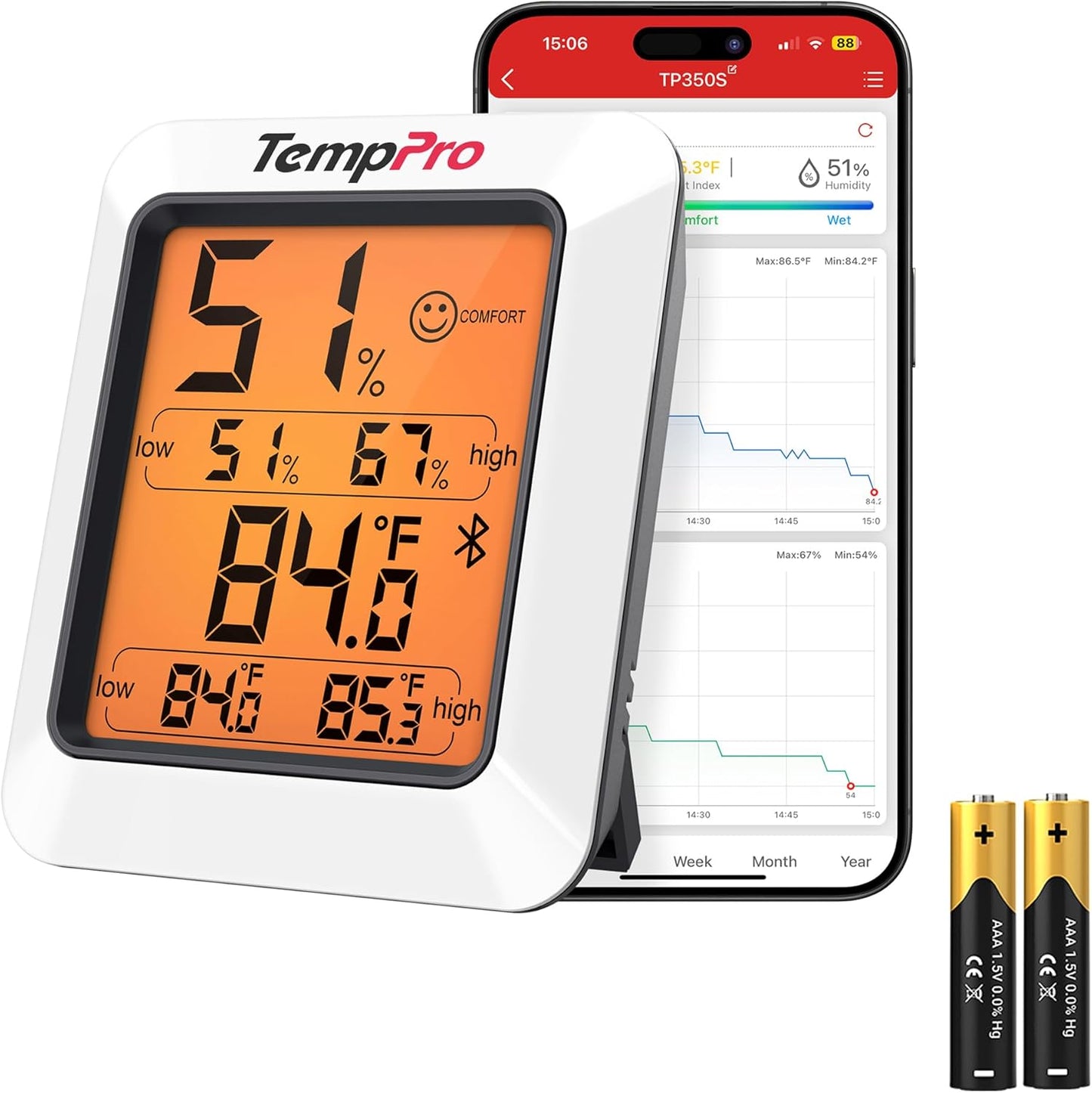 TempPro Hygrometer Thermometer for House, Bluetooth Room Indoor Greenhouse Thermometer Monitor Up to 260FT, Backlit Humidity Meter Temperature Sensor with 2-Year Data Export(Previously ThermoPro)