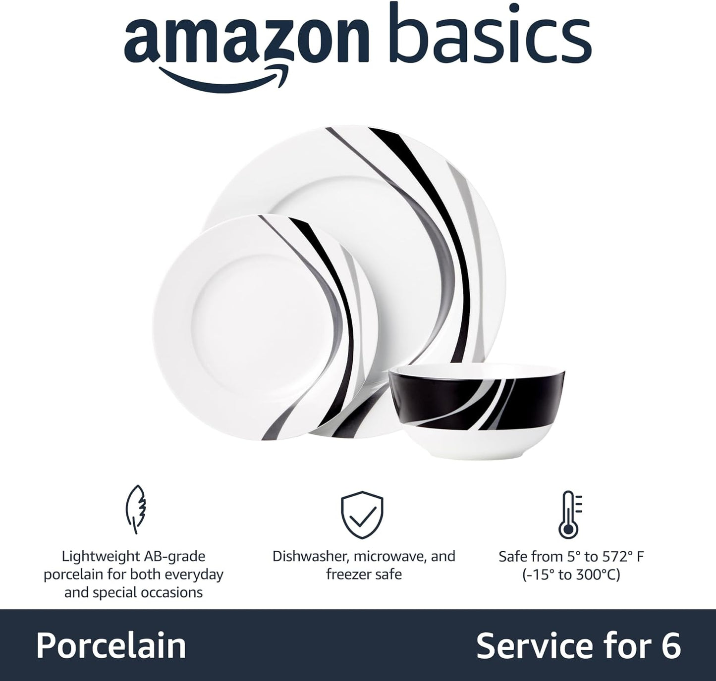 Amazon Basics 18-Piece Complete Kitchen Dinnerware Set, Microwave and Dishwasher Safe, Plates, Dishes, Bowls, Swirl, Heat Resistant, Service for 6, Everyday Use