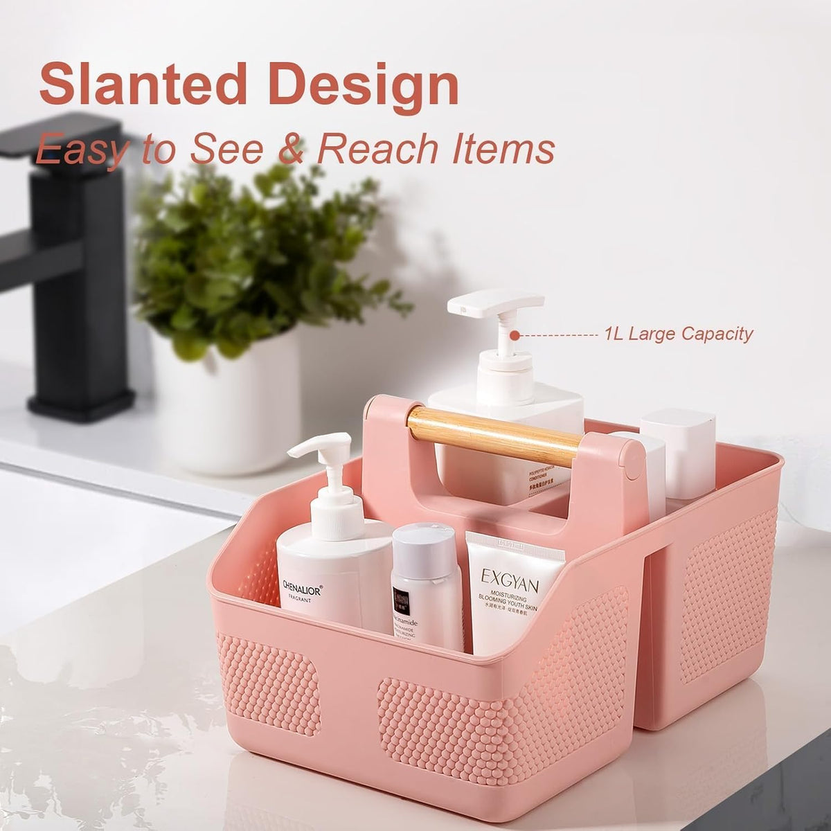 rejomiik Shower Caddy Portable with Bamboo Handle, Plastic Basket Cleaning Caddy Organizer Storage Tote for Bathroom, College, Dorm Room Essentials, Pink