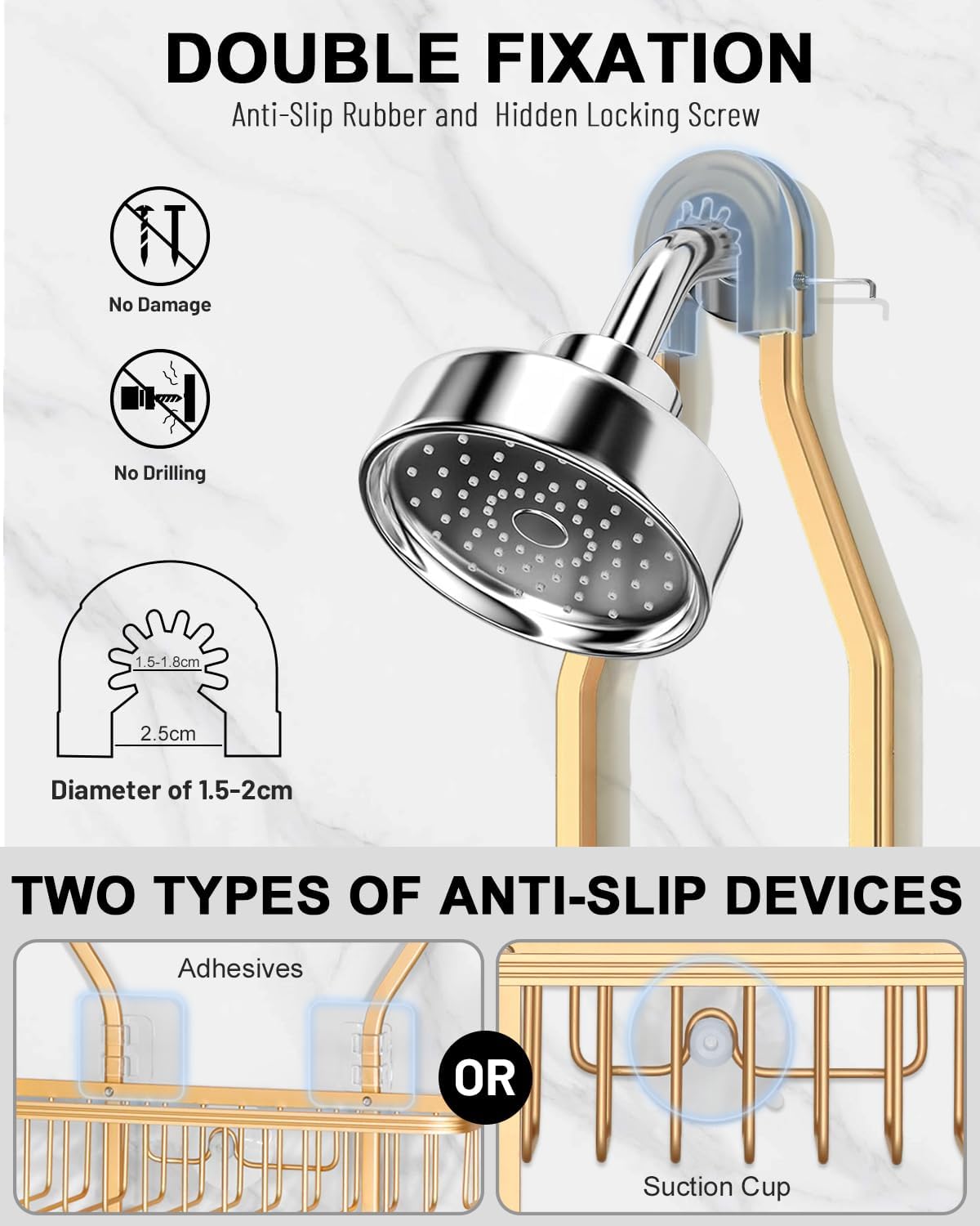 Shower Caddy Hanging - Never Rust Shower Hanging Organizer - Aluminum Over the ShowerHead Caddy with Soap Basket and 6 Razor/Sponge Hooks (Gold)