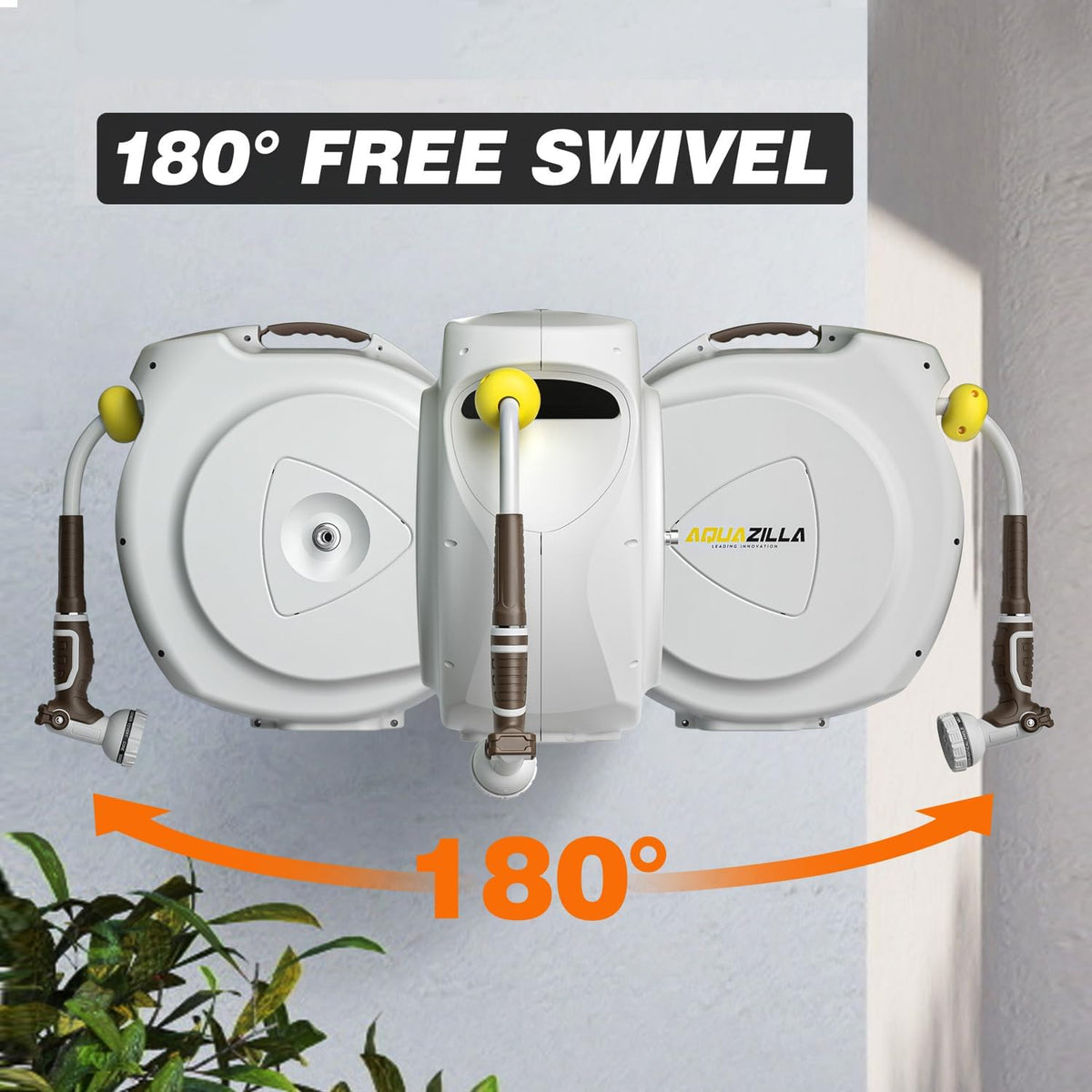 Retractable Garden Hose Reel, 1/2 in 120+6 ft, Heavy Duty Wall Mounted Water Hose Reel, Spring Power Automatic Rewind, Any Length Lock, 180° Swivel Bracket, 10 Pattern Spray Nozzle