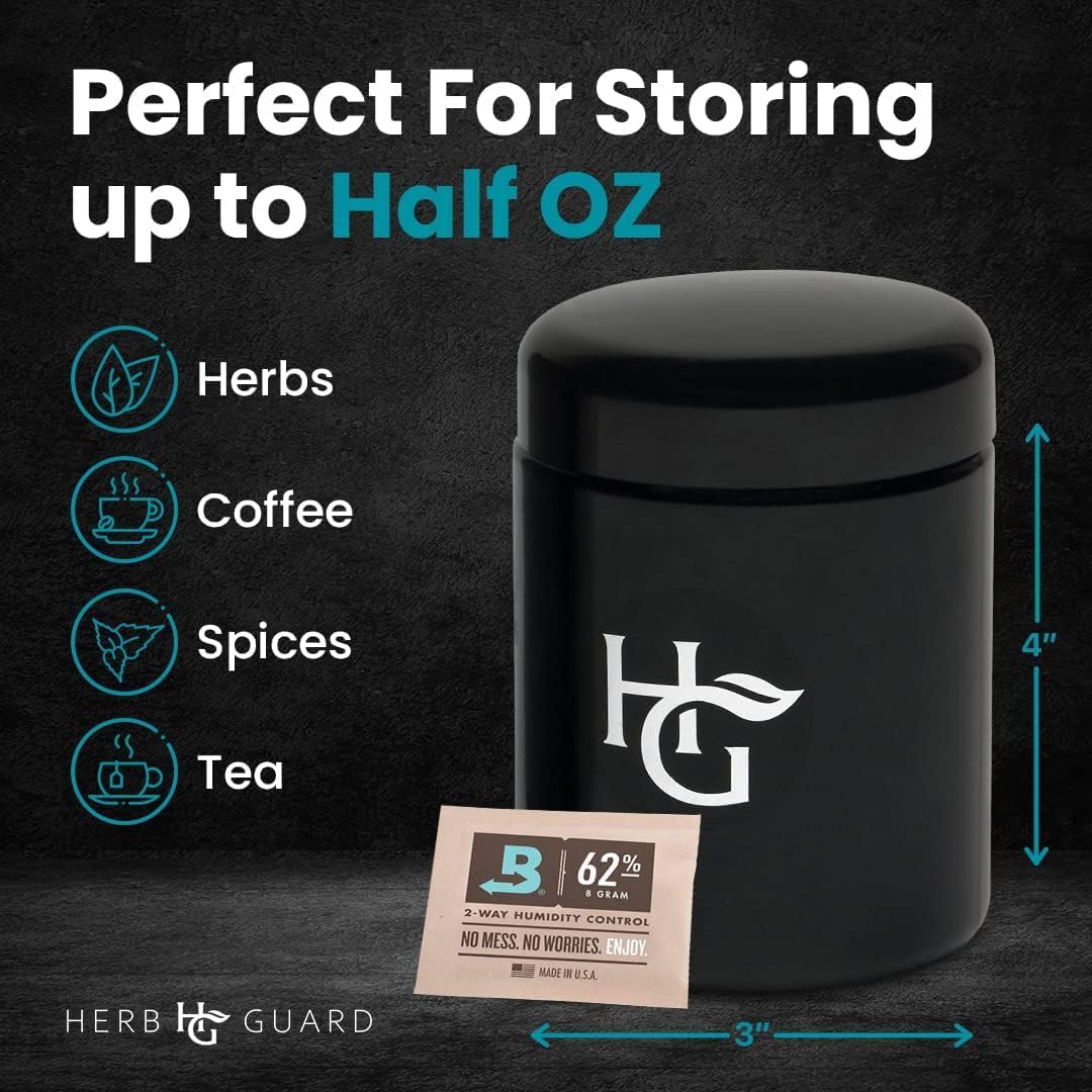 Herb Guard - Half Oz Airtight Jar and Smell Proof Containers (250 ml) Comes with Humidity Pack to Keep Goods Fresh for Months