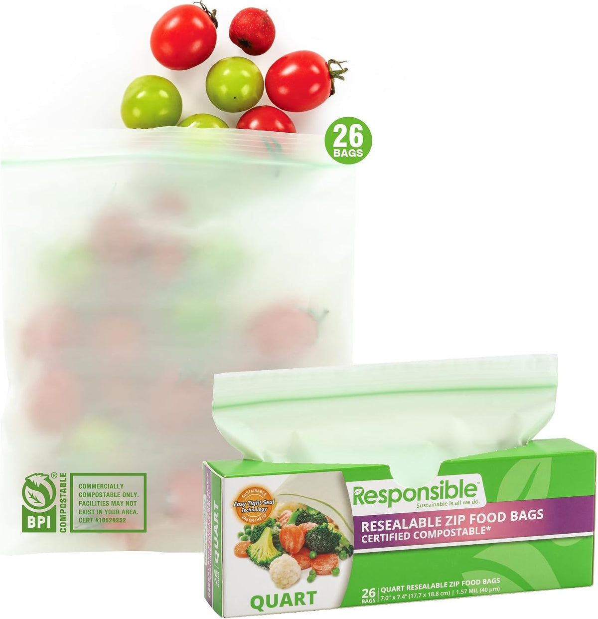 Responsible Products Certified Compostable SANDWICH Resealable Zip Bag, Extra Strength Food Bags, Made from Plant Materials (136 Pack)