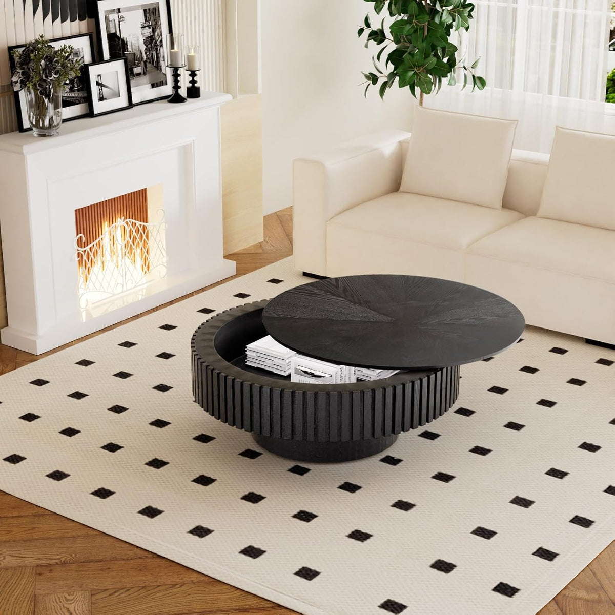 31" Black Round Wood Fluted Drum Coffee Table with Storage (G)
