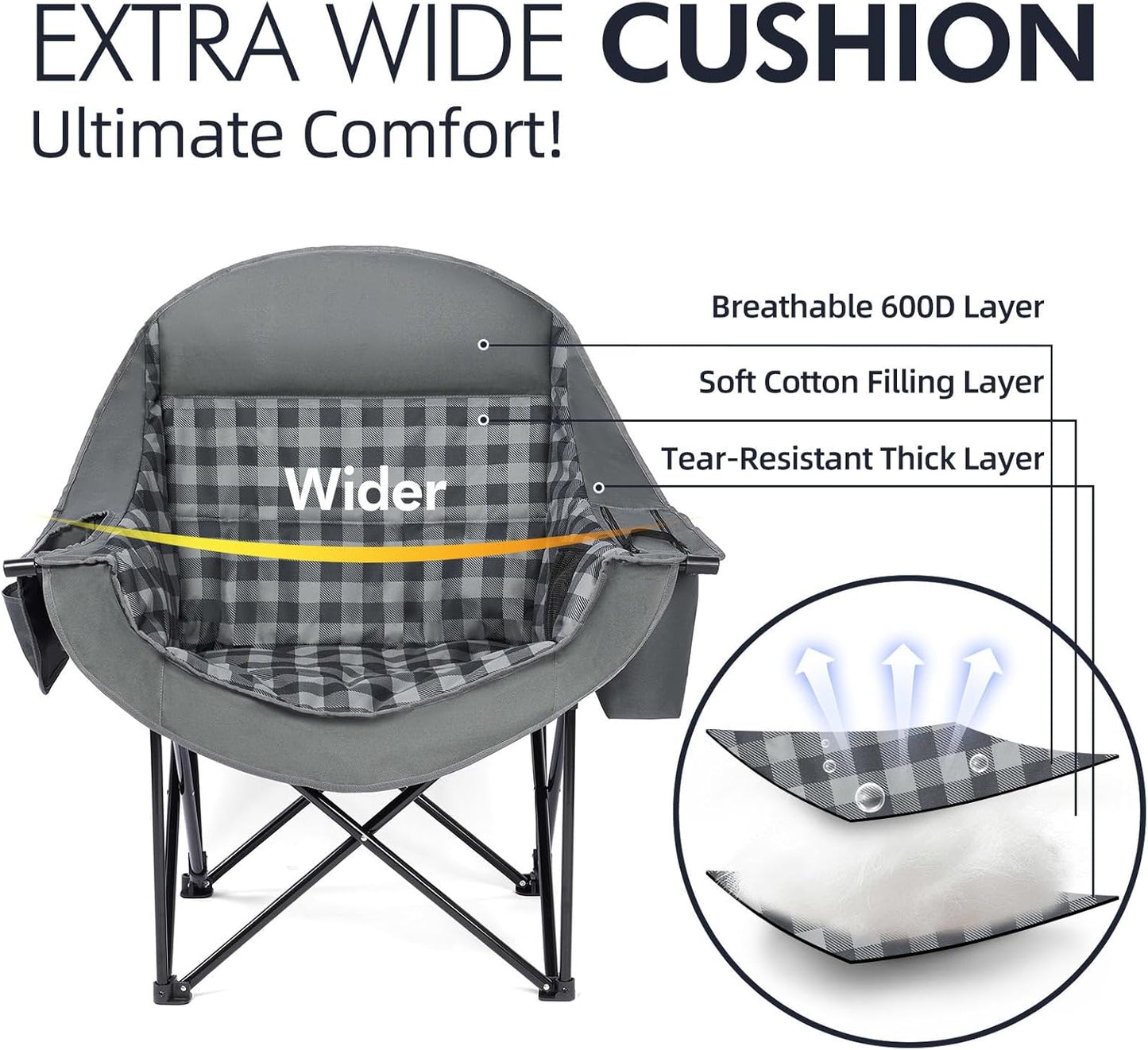 Oversized Camping Chairs for Adults - Heavy Duty Padded Outdoor Folding Lawn XL Camp Chair with Cup Holder Cooler Pockets for Outside Sports Beach Fishing Garden Portable Supports 500lbs, Grey