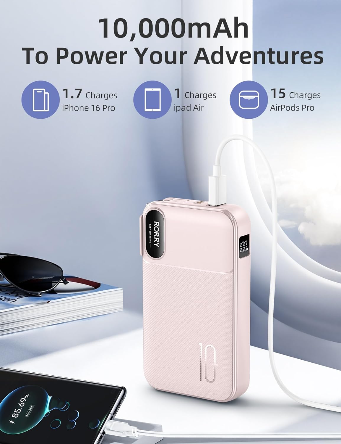 RORRY Portable Charger Built in Cables, AC Wall Plug in Portable Charger Power Bank 10000mAh Travel Battery Pack 22.5W Fast Charging for iPhone 17/16/15 Samsung Galaxy S25/S24/S23 Pixel LG iPad, Pink