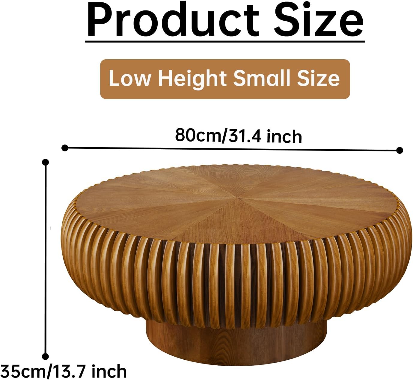 31" Brown Round Drum Wood Fluted Coffee Table (D, 1PC) | For Living Room, Wooden Grooves, Circle Pedestal Center Table, Farmhouse Modern Style, For Small Spaces, Easy Assembly