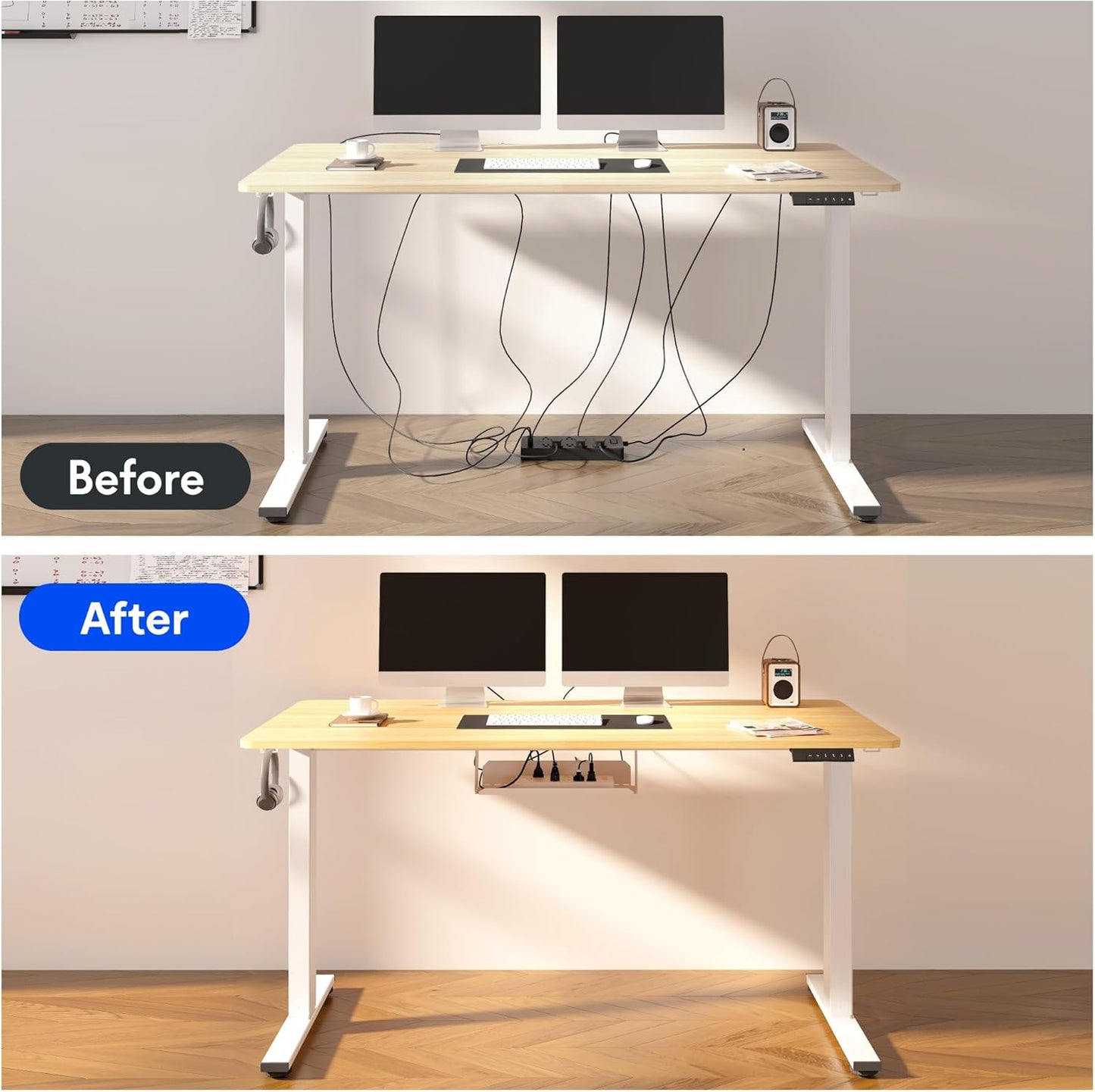FLEXISPOT EN2 Whole-Piece Standing Desk with Clamp Power Strip, 55 x 28 Electric Stand Up Height Adjustable Desk with Cable Management (Black Frame + 55" Maple Top, 2 Packages)