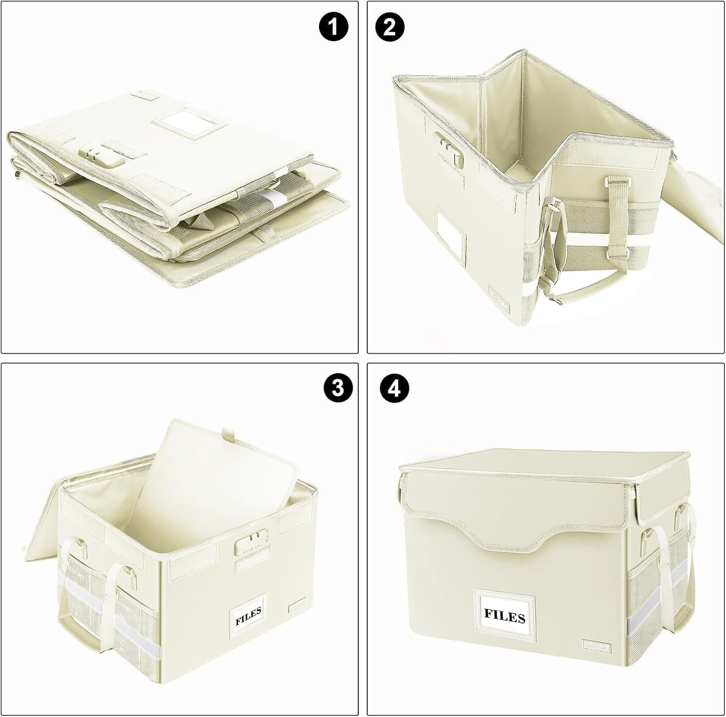 DocSafe Fireproof Document Box with Lock,File Storage Organizer with Zipper Pockets,Collapsible Portable File Box Home Office Safe Filing Cabinet with Handle for Hanging Letter/Legal Folders,Beige
