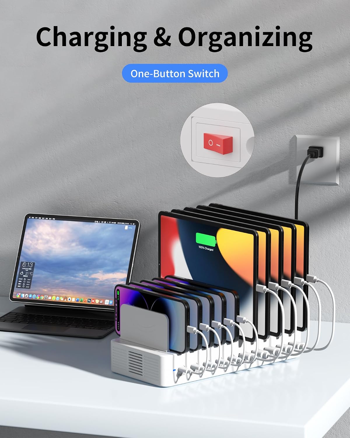 100W Charging Station for Multiple Devices, 10-Port USB Fast Charger, White | with Adjustable Dividers & 10 Cables- Multi Device Organizer Charging Dock for iPhone, iPad, Tablets & More