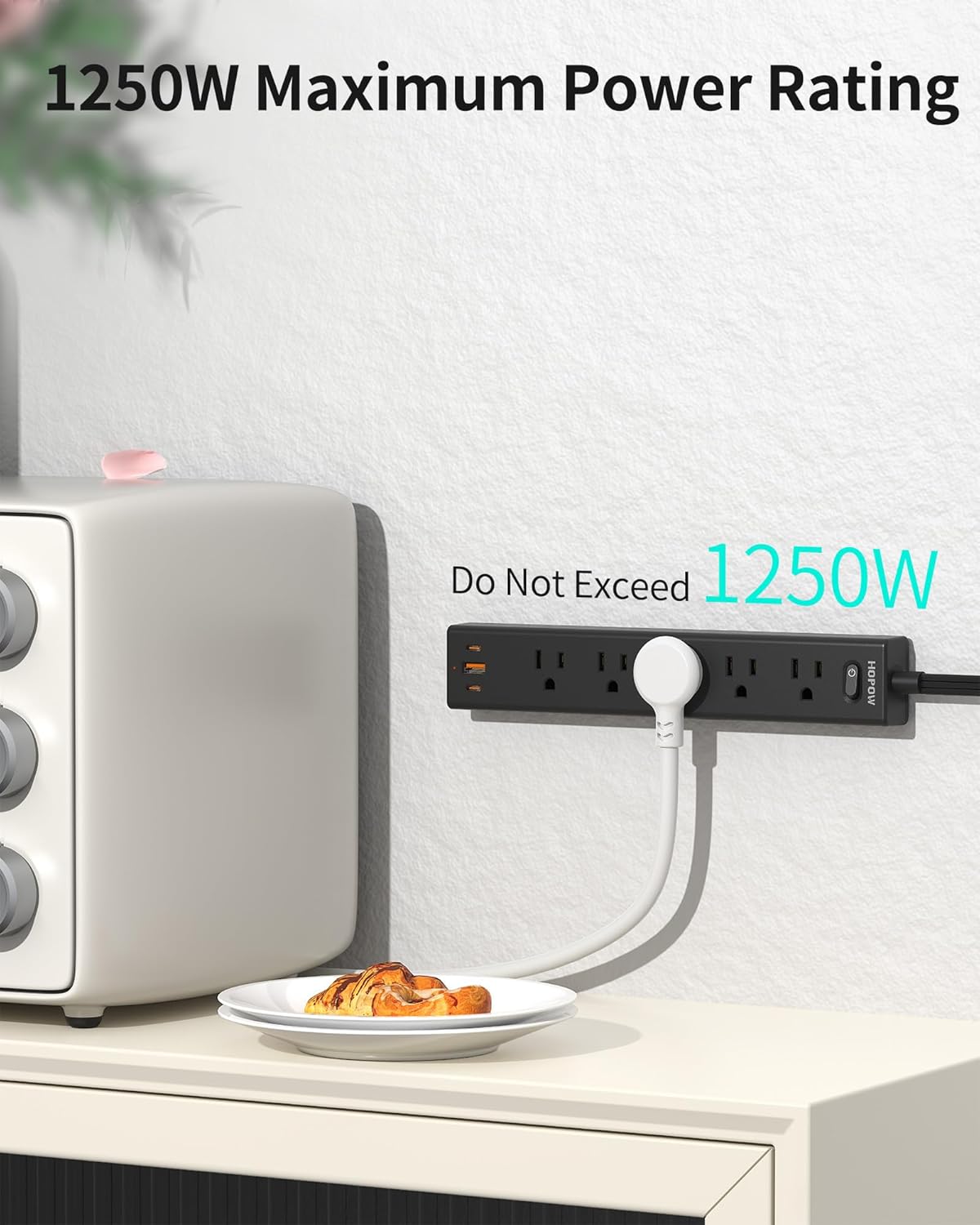 HOPOW Flat Plug Power Strip, 6 Ft Ultra Thin Extension Cord, Surge Protector with 5 Outlets & 3 USB Ports (2 USB C), 1700 Joules, Wall Mount, Desktop Charging Station for Home Office Dorm, Black