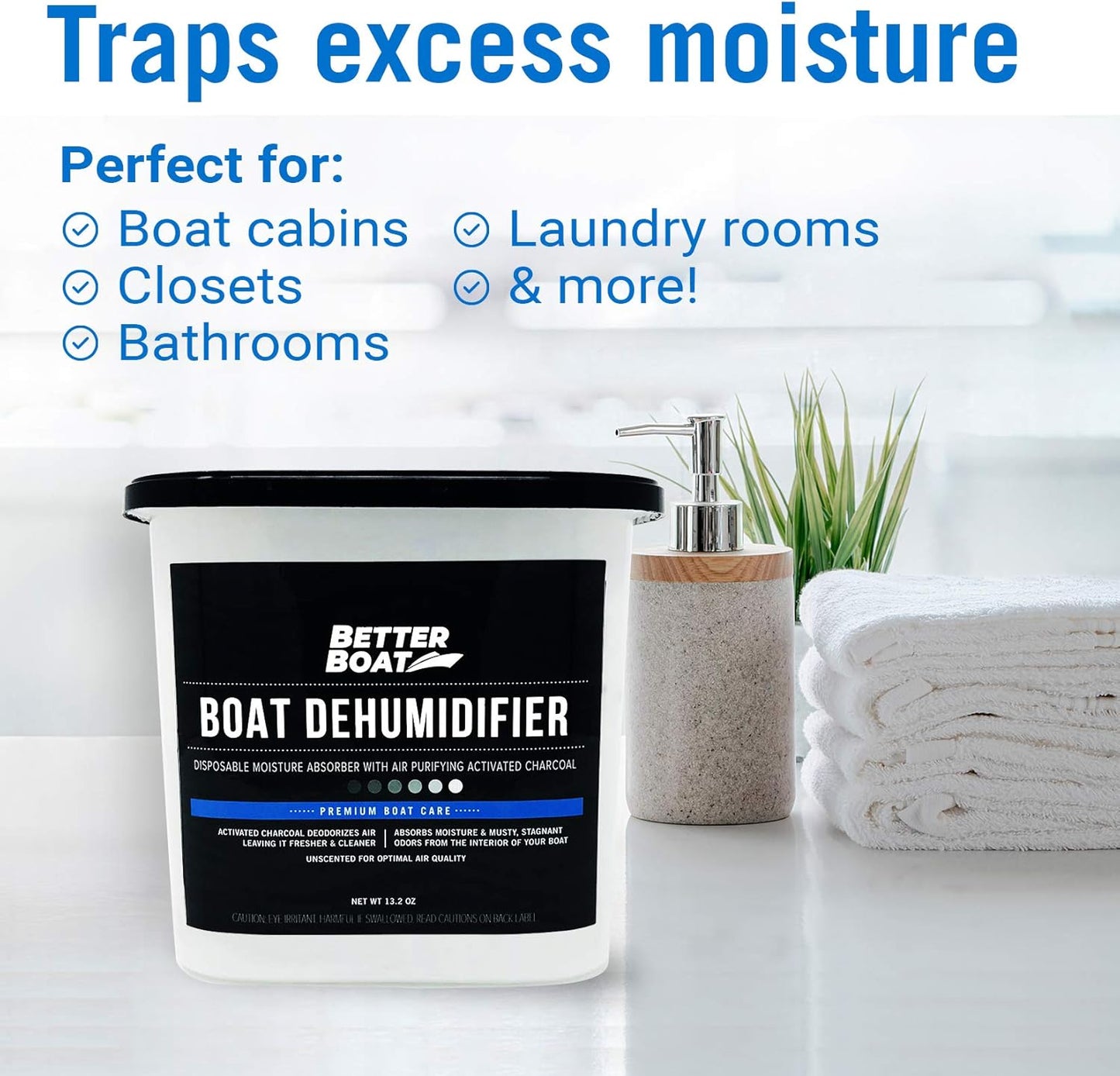 Moisture Absorber 6 Pack with Activated Charcoal Dehumidifier Bucket, Unscented Odor Absorber for Closet Basement Bathroom Boat RV, Disposable - Better Boat