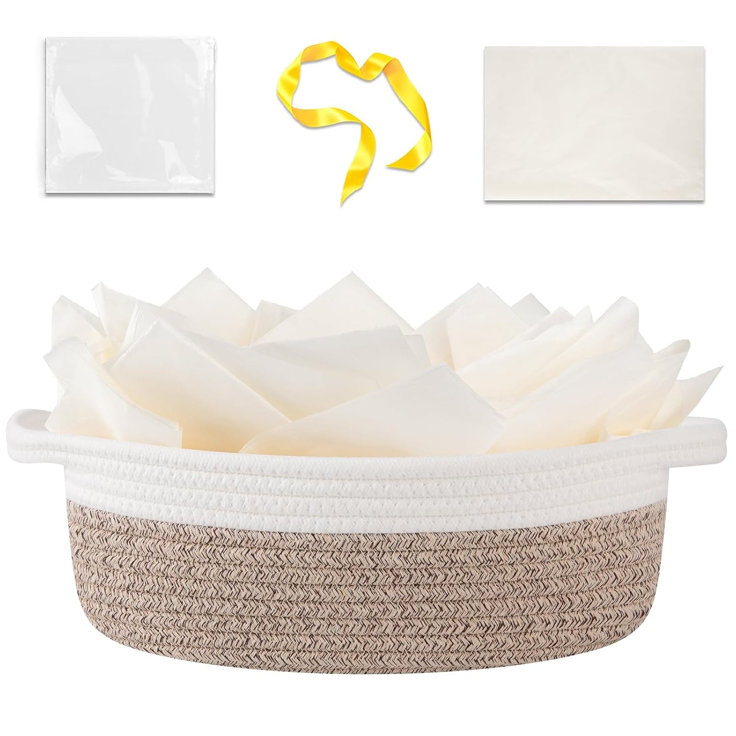 OIAHOMY Gift Basket Empty with Handle, 12"x 8"x 5" Small Woven Basket with Gift Bag, Ribbon and Wrap Tissue Paper, Dog Toy Storage for Organizing - Brown & White