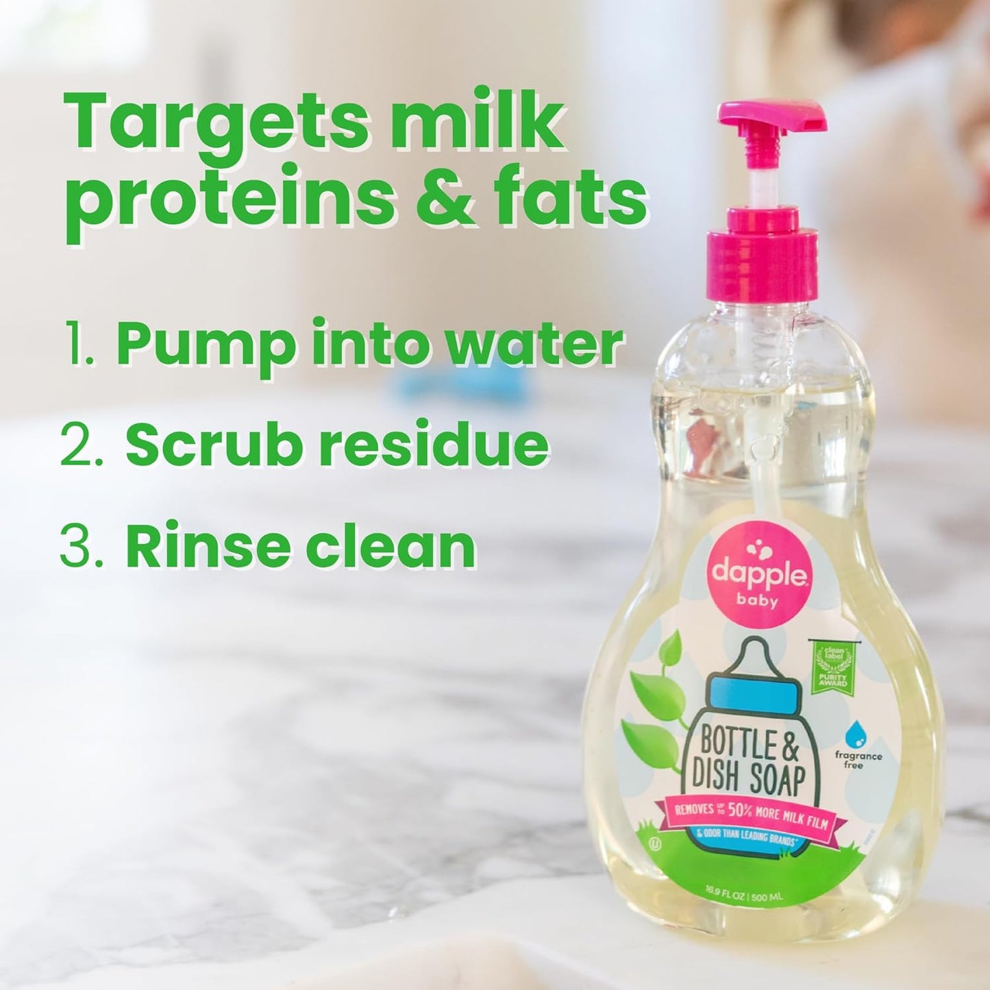 Dapple Baby Fragrance Free Bottle & Dish Soap - (3 Pack) 16.9 fl oz - Cleans Baby Bottles, Sippy Cups, Pacifiers, Breast Pumps, & More - Gently Removes Milk Film & Odors - Includes 1 Pump