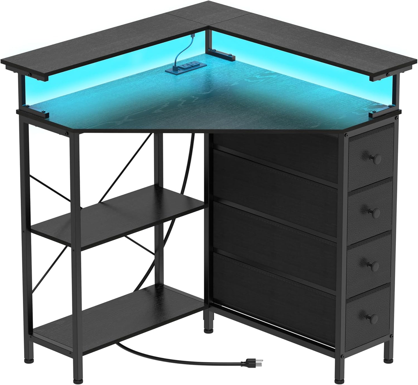 VENNQD Corner Desk with Drawers Shelves for Small Space 90 Degrees Triangle Computer Desk with Power Outlets,Gaming Desk with LED Lights Monitor Stand for Home Office Workstation Writing Table (Black)