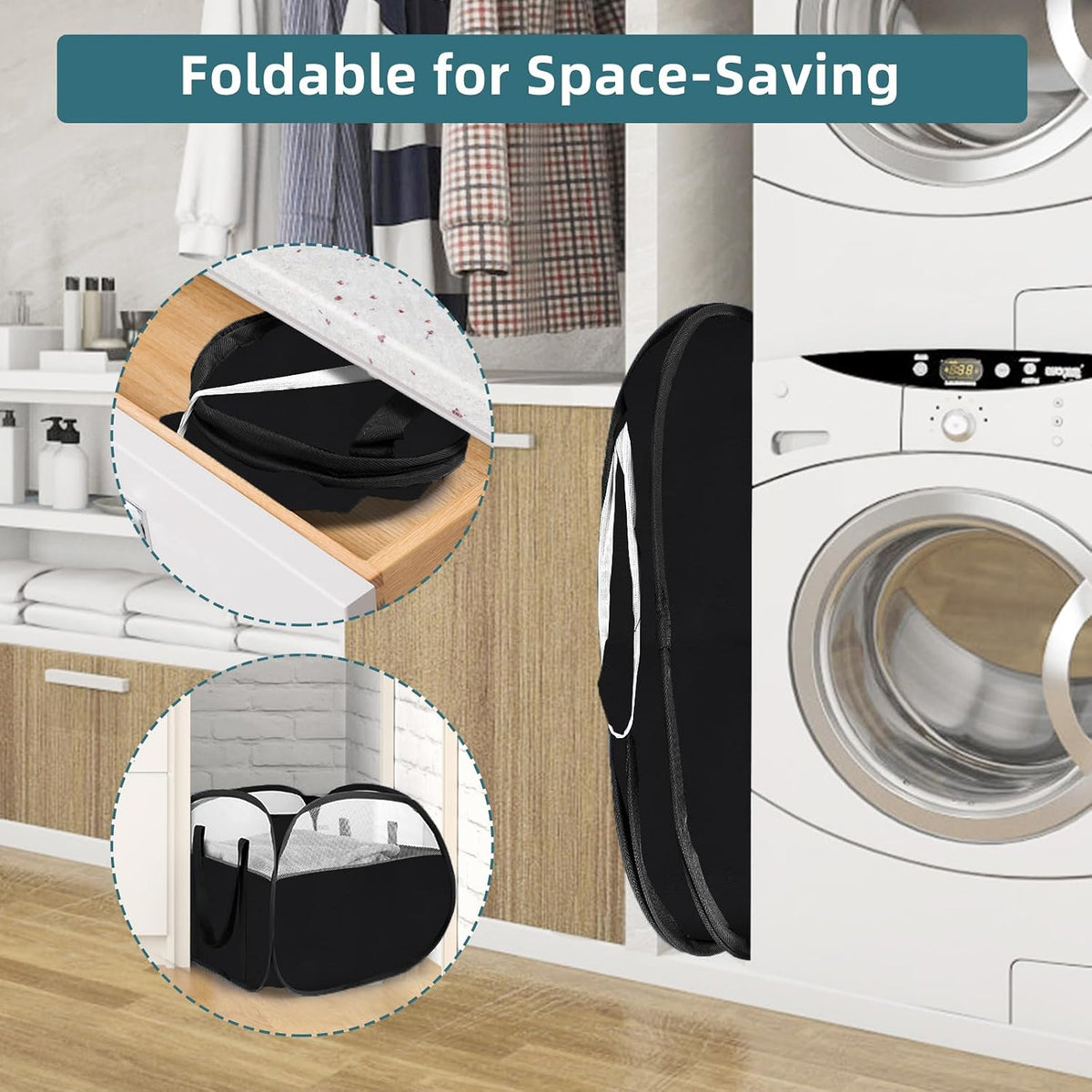 Laundry Basket with Handles 90L, Collapsible Laundry Baskets, Foldable Laundry Basket, Tear-proof Dirty Clothes Pop Up Hampers for Laundry, Bedroom, Bathroom, Dorm, Kids Room, Travel or Campout Black