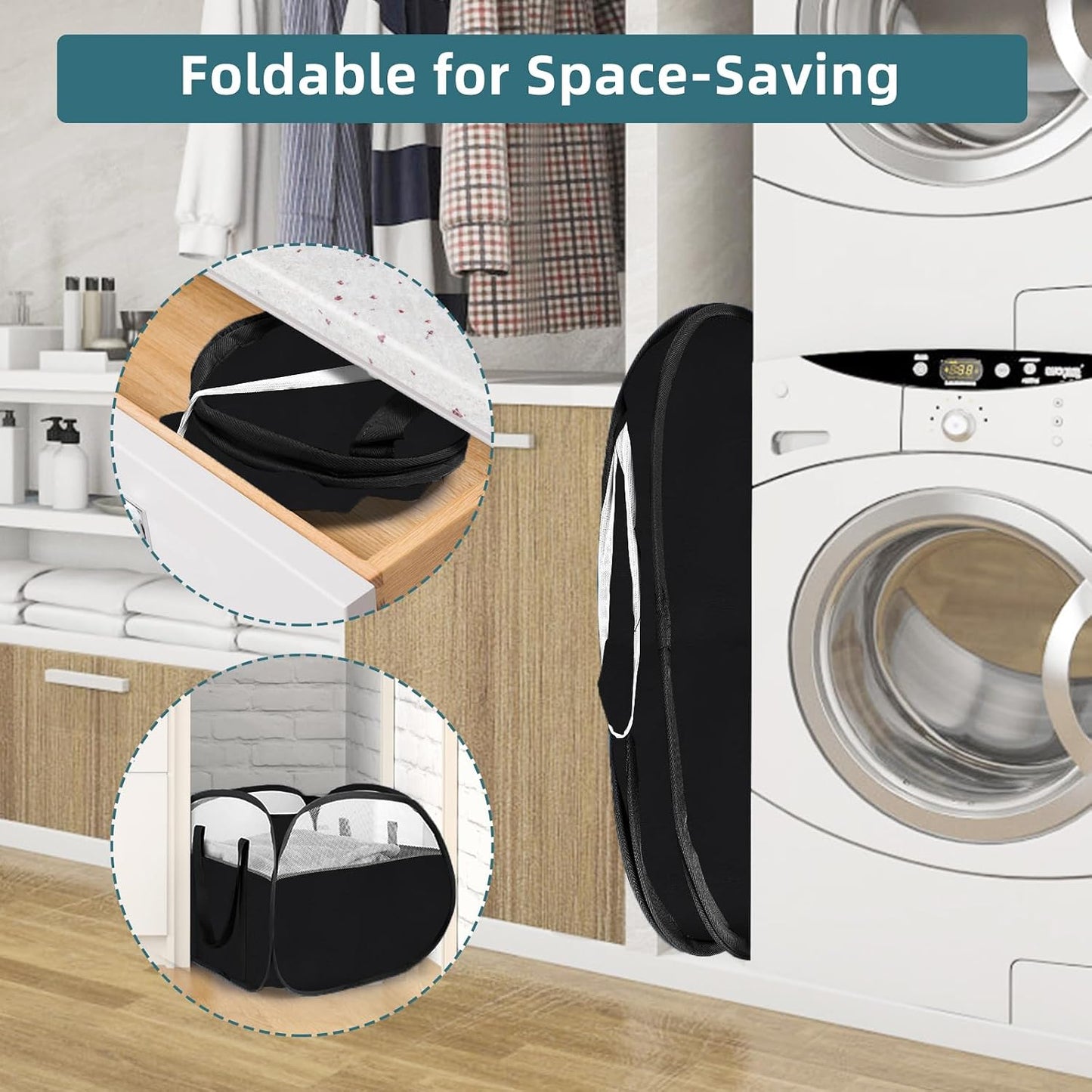 2 Pack Collapsible Laundry Baskets, 90L Large Foldable Laundry Basket, Pop Up Hampers for Laundry, Dirty Clothes Laundry Hamper for Bedroom, Bathroom, Dorm, Laundry Room, Travel or Camping Black