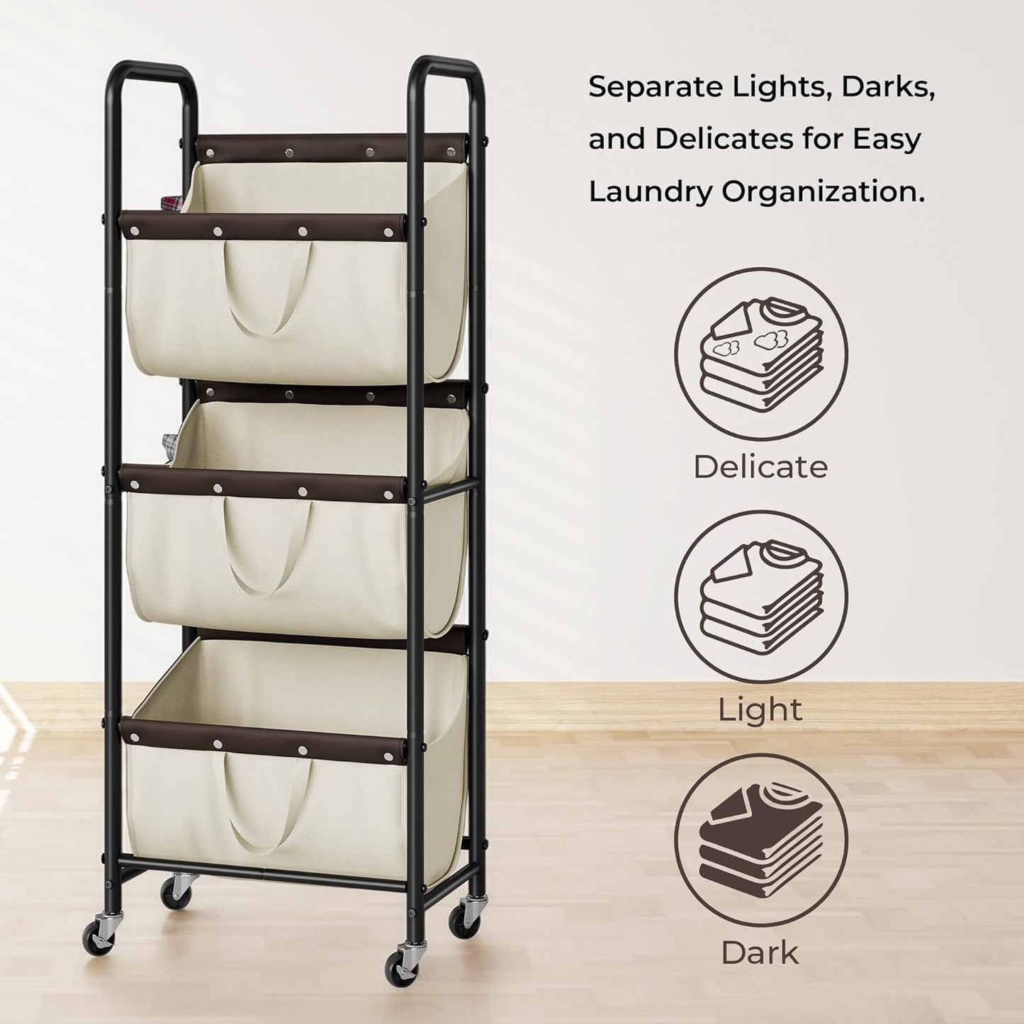GRANNY SAYS 3 Section Tiered Laundry Sorter, Slim Vertical Laundry Hamper with Wheels, Narrow Rolling Laundry Cart with Removable Bags for Laundry Room, Bathroom, Closet, Dorm, Beige