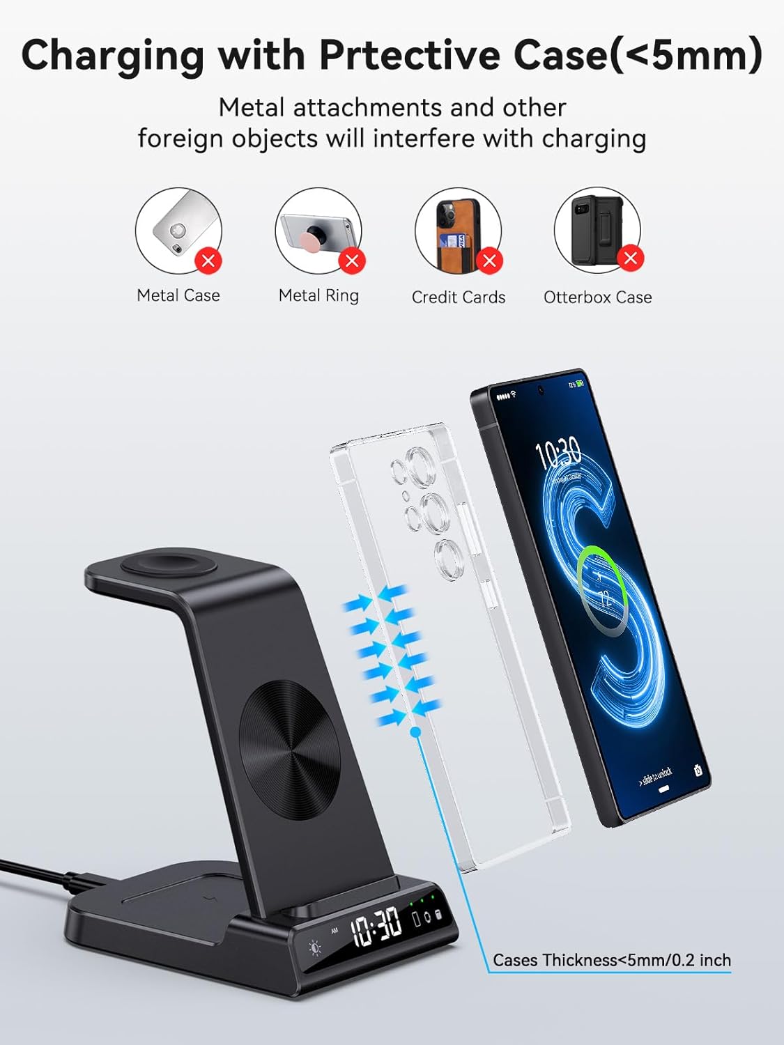 Wireless Charger for Samsung Charging Station with Clock for Samsung Galaxy S25 Ultra/S24 Ultra/Z Flip 7/Fold 6/Bud, 3 in 1 Android Charging Station, Watch Charger for Samsung Galaxy Watch 8/7/6/5Pro