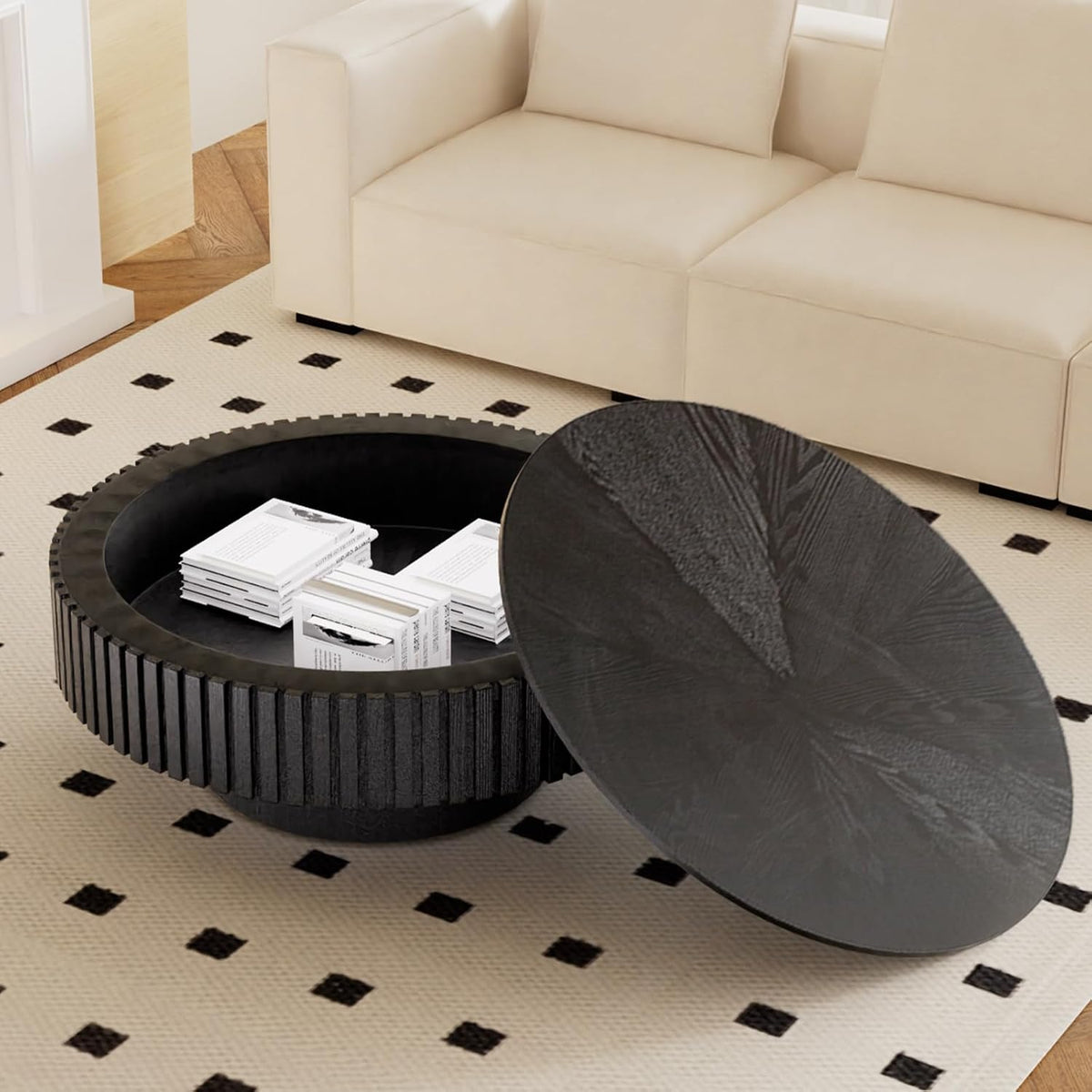 31" Black Round Wood Fluted Drum Coffee Table with Storage (G)