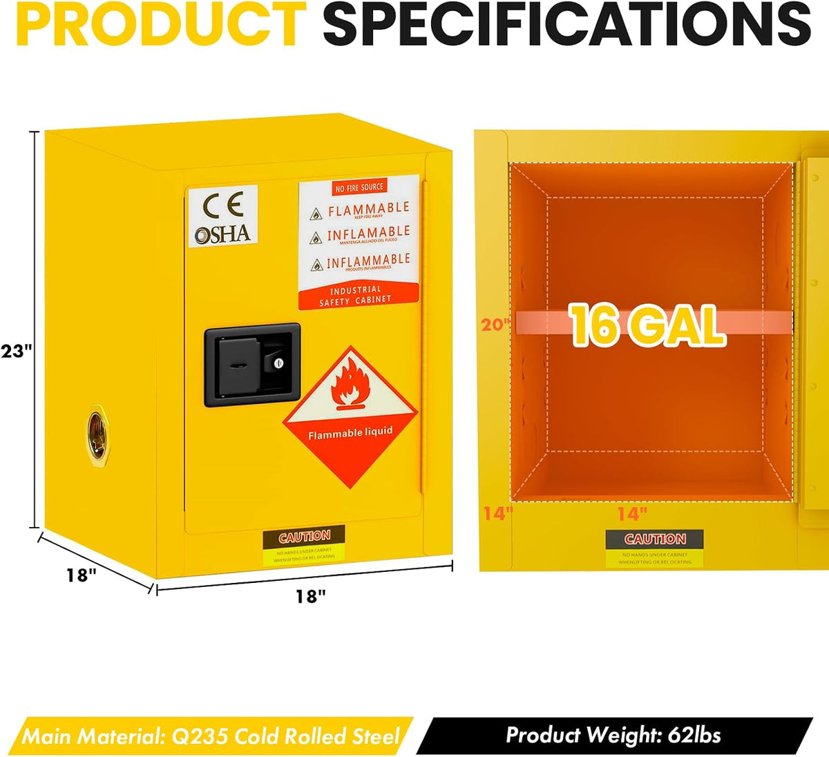 Flammable Storage Cabinet 34"x34"x65", 90 Gallon Chemical Safety Cabinet with Adjustable Shelf, Thickened Galvanized Steel Fireproof Cabinet for Flammable Liquids (25"x20"x20")