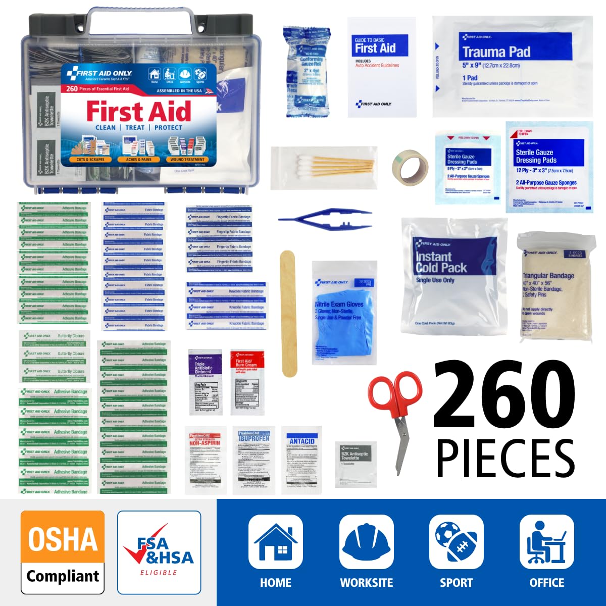 First Aid Only 91248 OSHA-Compliant First Aid Kit, All-Purpose 50-Person Emergency First Aid Kit for Business, Worksite, Home, and Car, 260 Pieces