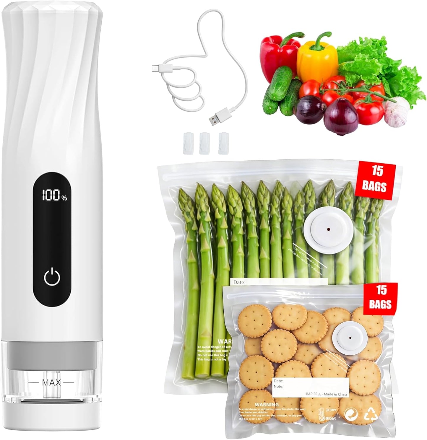 Compact Vacuum Sealer for Food Storage: Portable Handheld Food Sealer, 80kPa Suction, 1800mAh Battery, 30 Reusable Vacuum Bags, Preserve 5X Freshness with Easy Operation