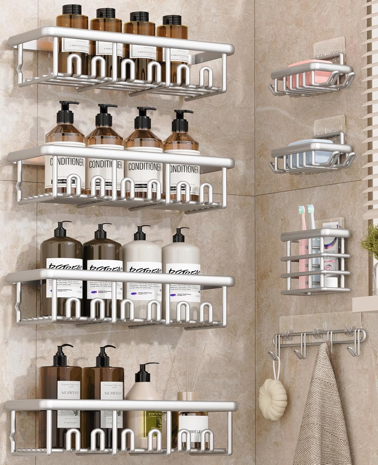 8 Pack Adhesive Rustproof Shower Caddy with Soap Dishes, Toothbrush Holder & Hooks, Large Capacity No-Drilling Shower Shelves Rack for Bathroom Organizers and Storage Accessories, Silver