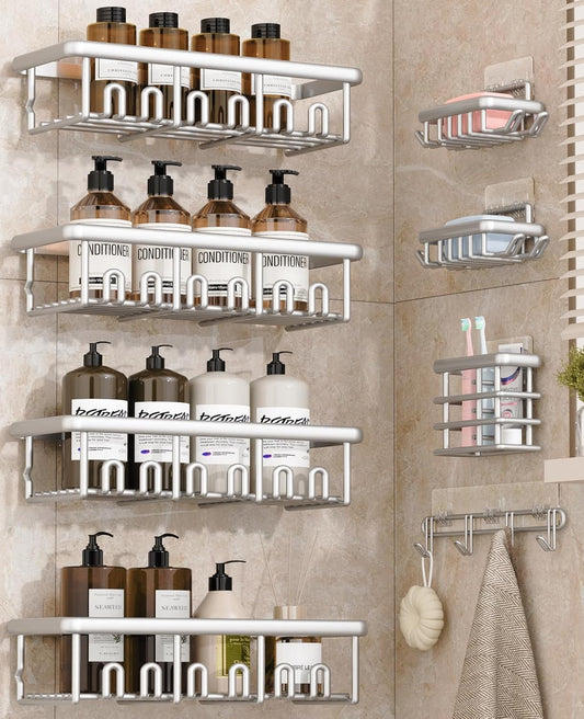 8 Pack Adhesive Rustproof Shower Caddy with Soap Dishes, Toothbrush Holder & Hooks, Large Capacity No-Drilling Shower Shelves Rack for Bathroom Organizers and Storage Accessories, Silver