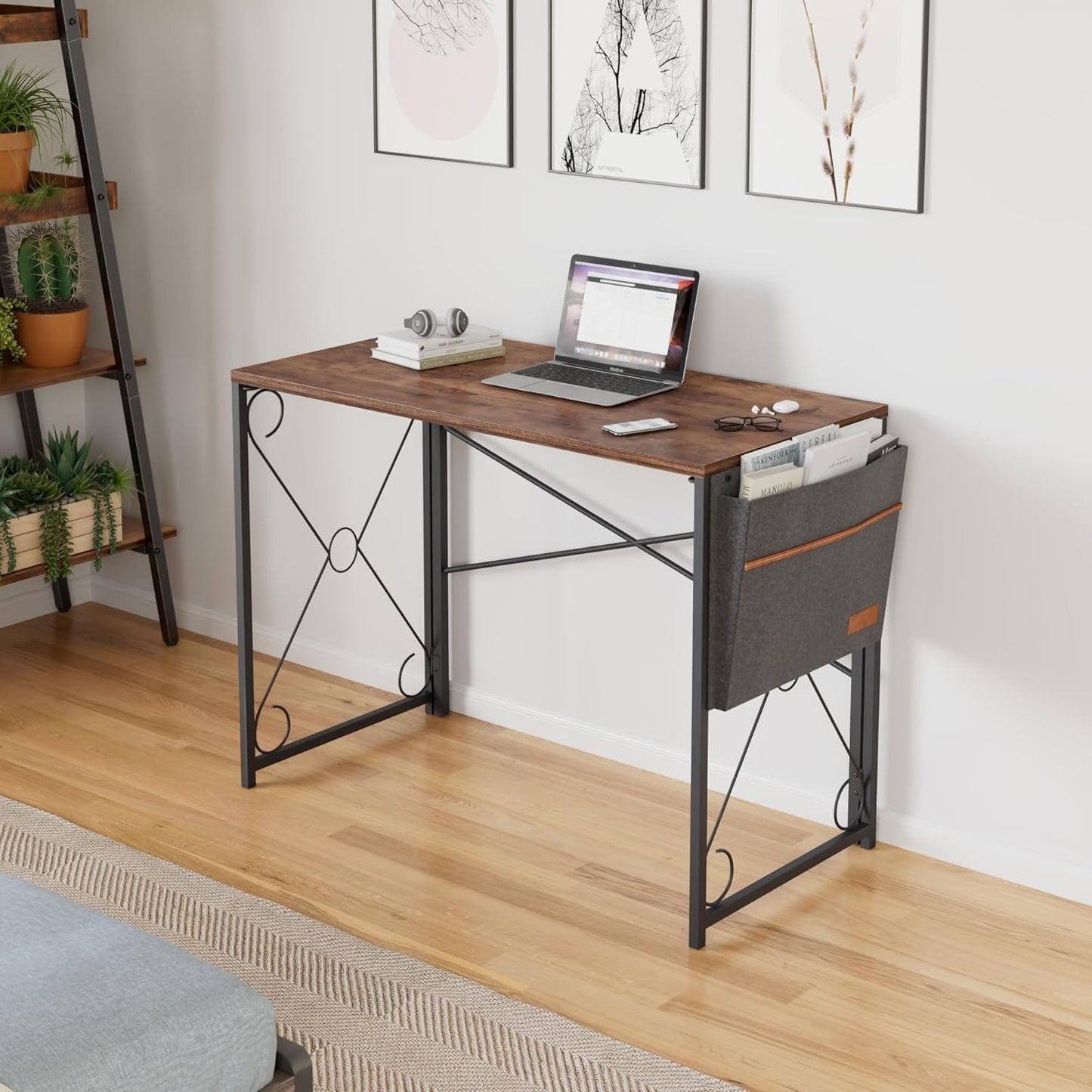 VECELO 39 Inch Folding Desk Simple Assembly, Writing Computer Desk for Home Office Study Office Foldable Table for Small Spaces,Classic Brown