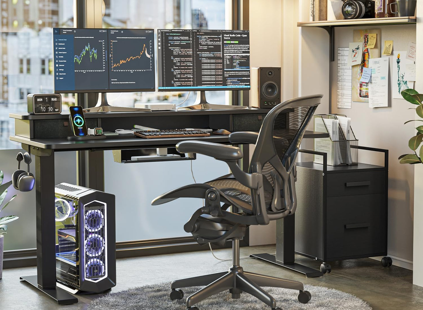 FEZIBO 63 x 28 Inch Deeper Height Adjustable Electric Standing Desk with Double Drawers, Sit Stand Up, Home Office Computer Desk with 4 Height-Adjustable Feets & 2 Hooks, Black Frame/Black Top
