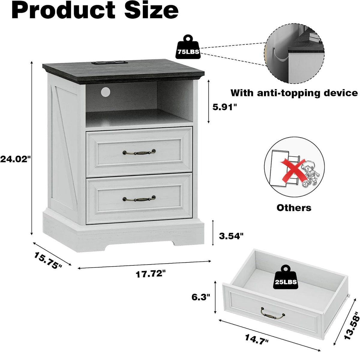 Xixini Tall Nightstand with Charging Station, Farmhouse White Bedside Table