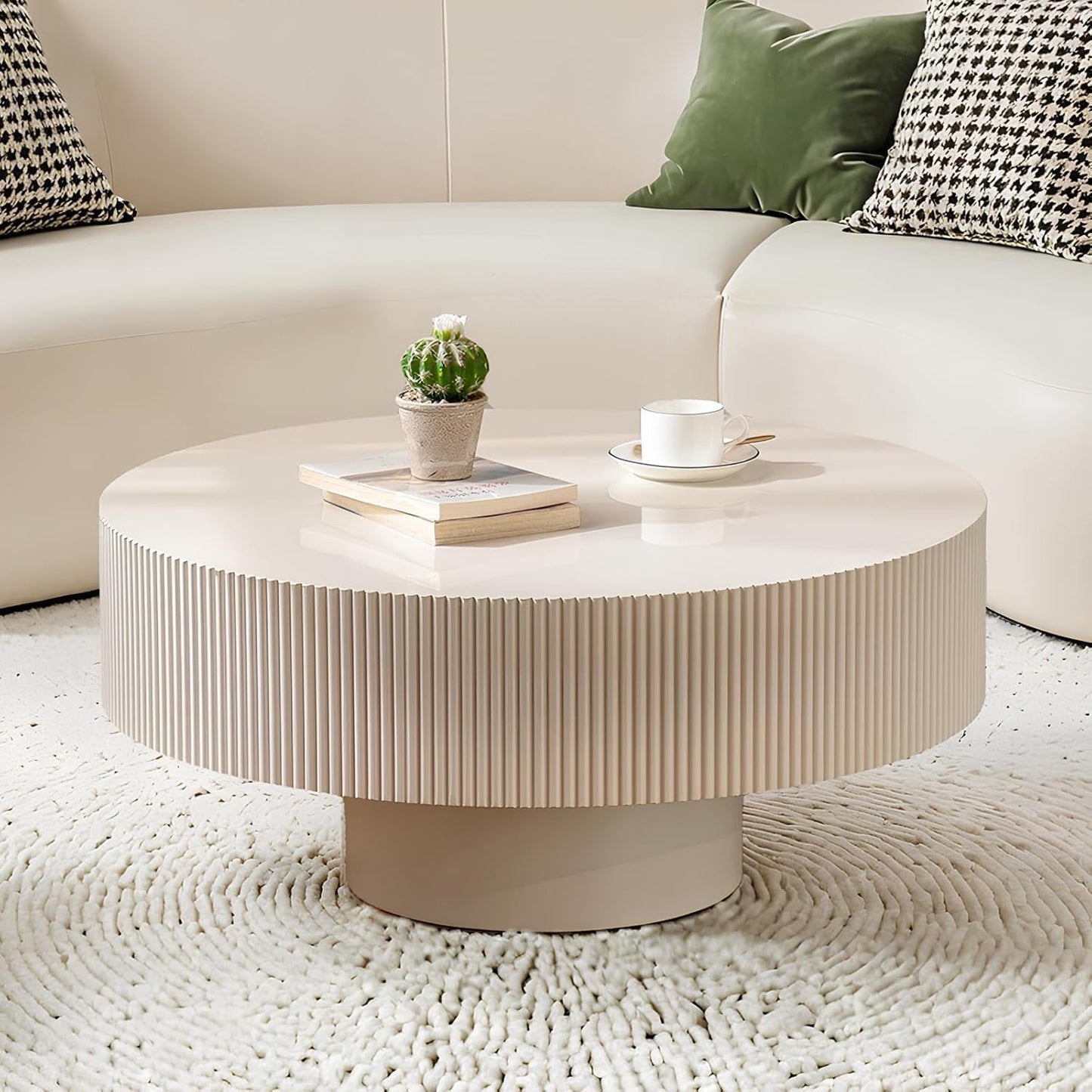 30.91'' Round Coffee Table (White Thickened) | Modern Handcraft Drum Coffee Table, Unique Fluted, Wood Center Table, For Living Room, Small Space, Farmhouse, Apartment
