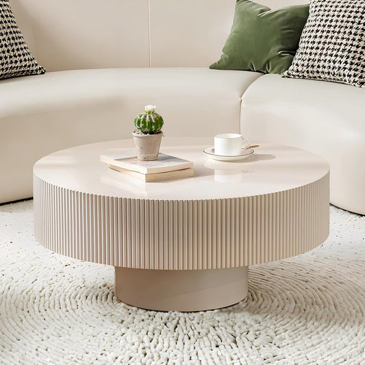 30.91'' Round Coffee Table (White Thickened) | Modern Handcraft Drum Coffee Table, Unique Fluted, Wood Center Table, For Living Room, Small Space, Farmhouse, Apartment