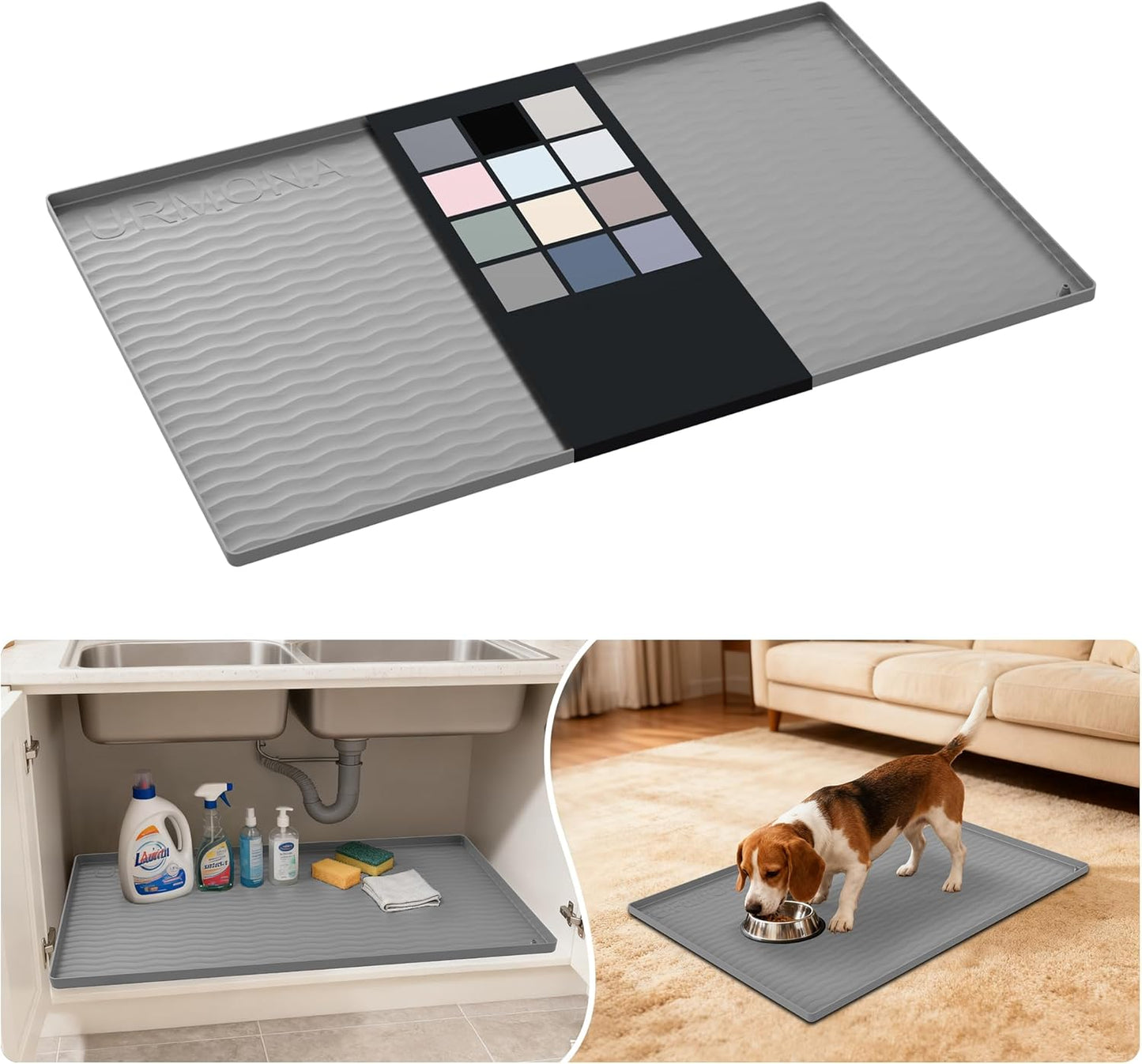 URMONA Waterproof Silicone Under Sink Mat 31'' x 22'' Shelf Liner for Kitchen and Bathroom, Cabinet and Counter Protector, Storage and Organizers, Litter Mat, Pet Cat Puppy Essentials(Dark Grey)