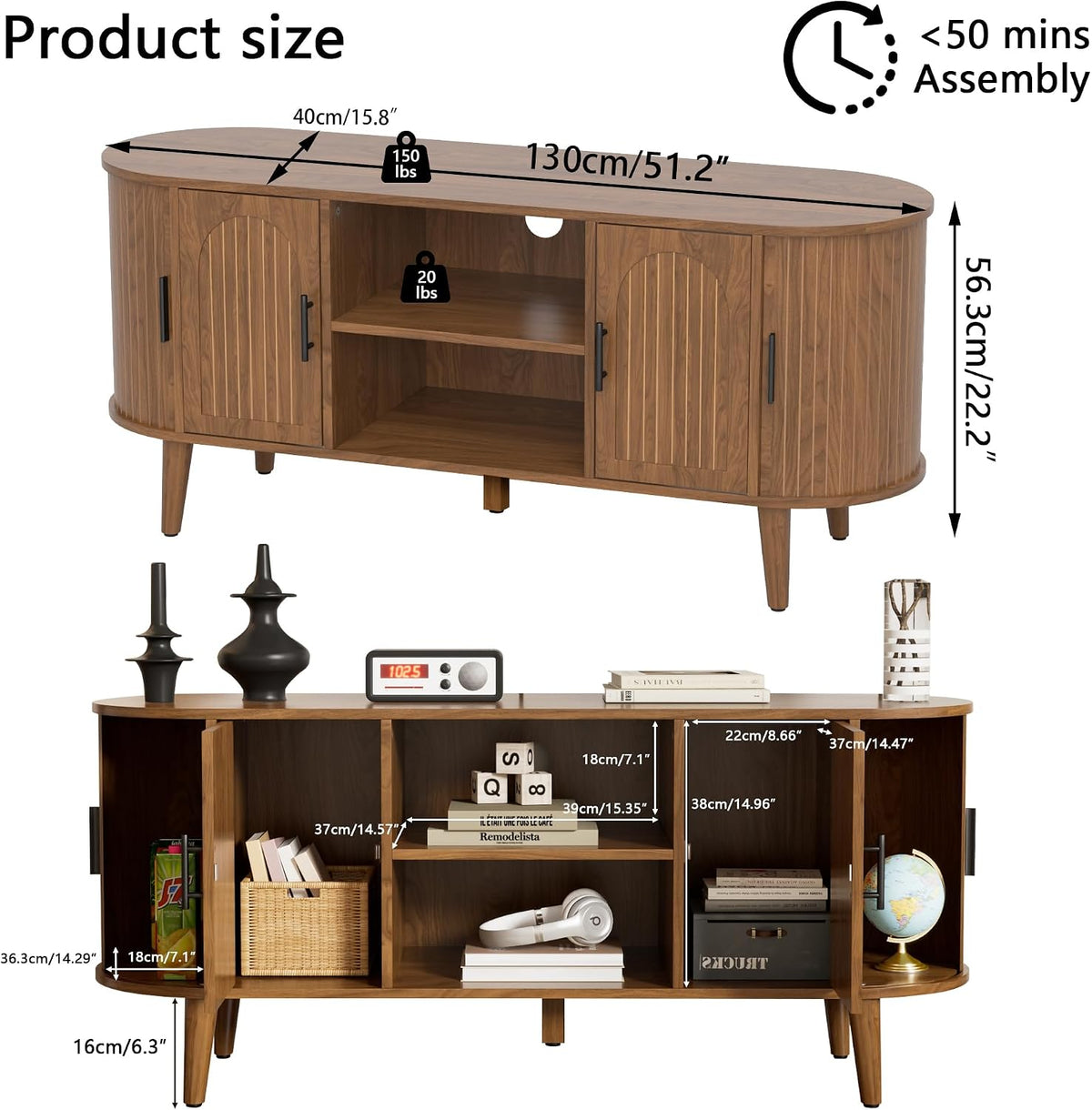 51"Fluted TV Stand for Tvs up to 60" Entertainment Center with Open Storage