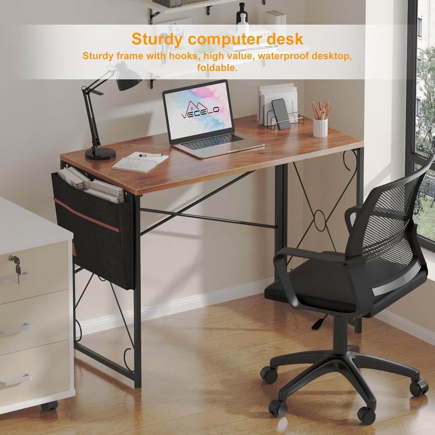 VECELO 39 Inch Folding Desk Simple Assembly, Writing Computer Desk for Home Office Study Office Foldable Table for Small Spaces,Classic Brown