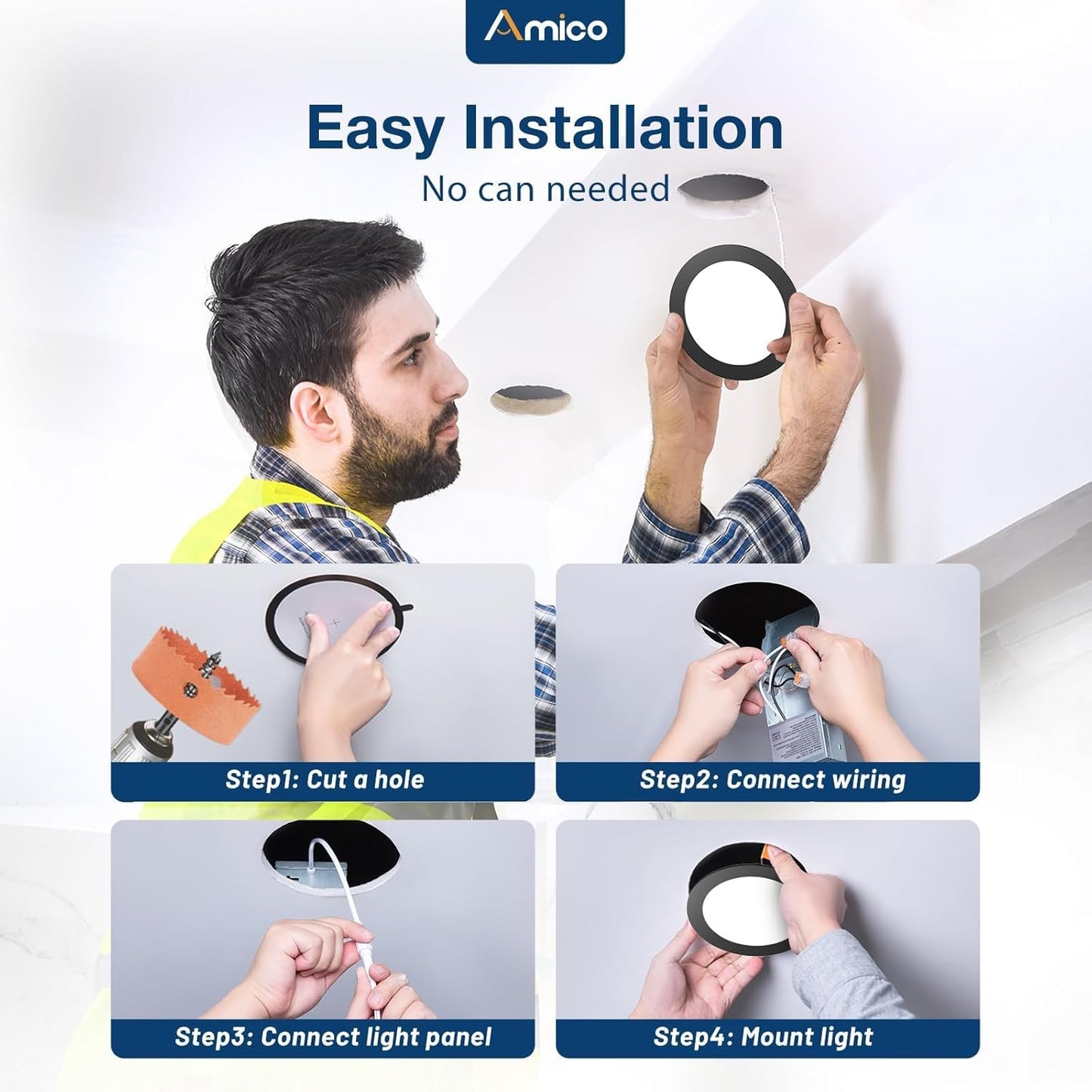 Amico 6 Pack 4 Inch 5CCT Ultra-Thin LED Recessed Ceiling Light with Junction Box, 2700K/3000K/3500K/4000K/5000K Selectable, 11W Eqv 70W, Dimmable Canless Downlight, 800LM High Brightness,Black